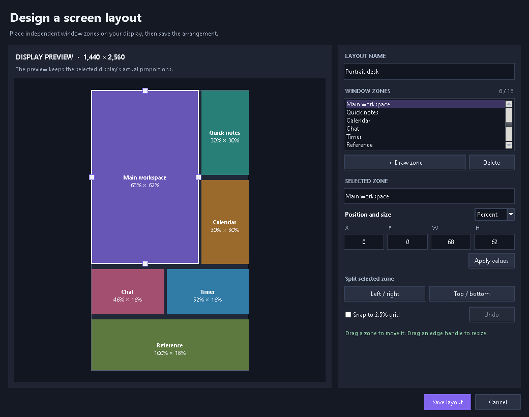 Preview of the custom layout designer, showing a portrait monitor divided into six named window areas and controls for editing zones.