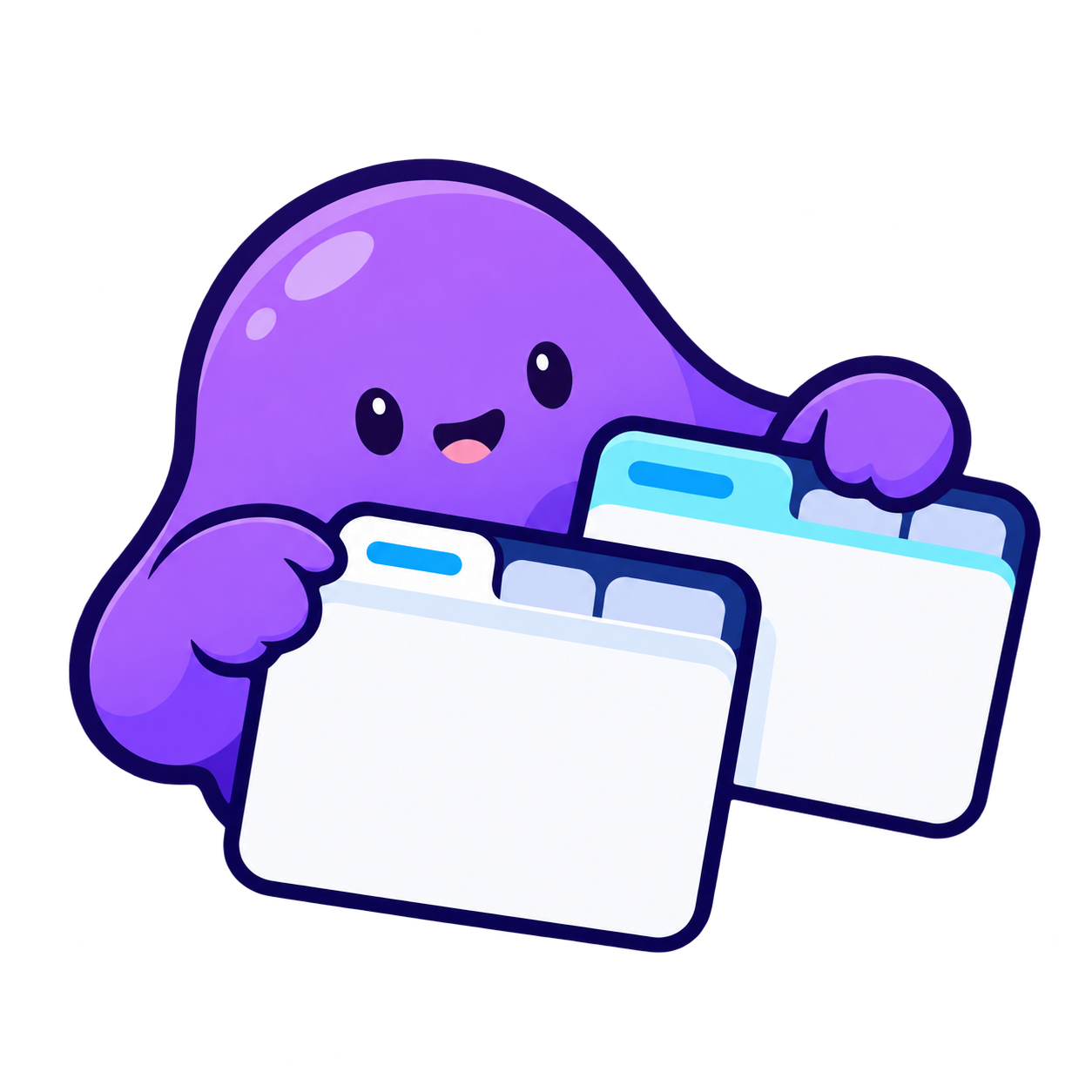A smiling purple character peeks over two open windows.